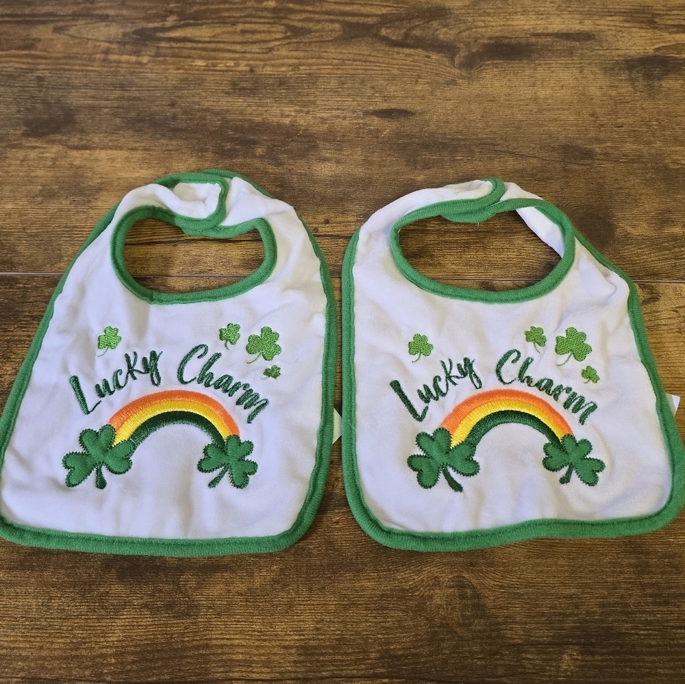 St Patrick's day Lucky Charm Baby Bibs Set of 2 Green and White